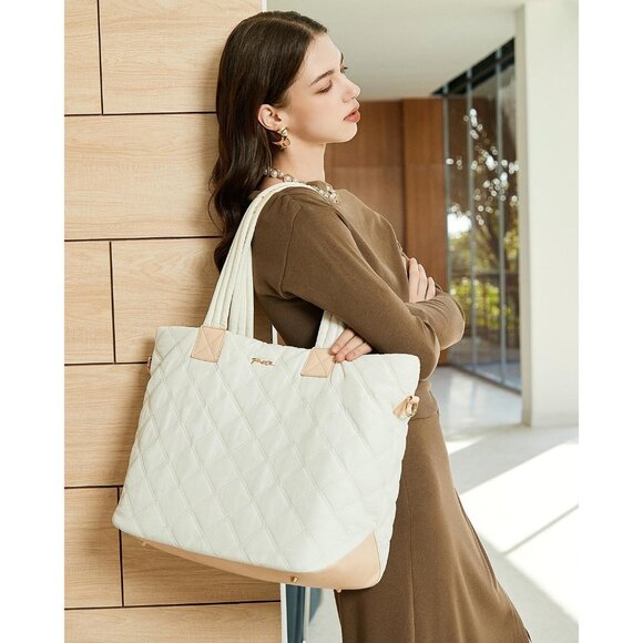 Prite Women Beige Polyester Compartment Quilted Puffer Shoulder Tote Work Bag - Picture 7 of 7